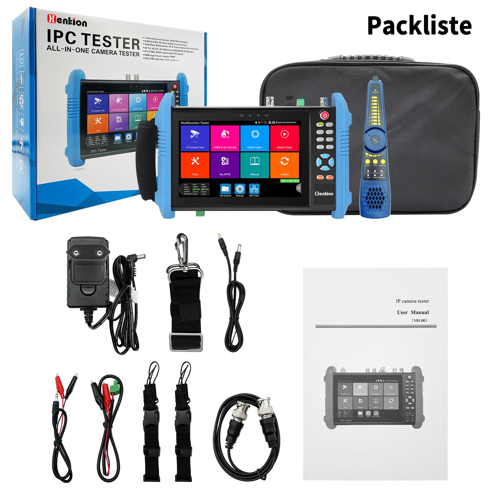 Henkion CCTV Kamera Tester, 8K 32MP 4K 12MP IP Kameratester mit POE++ 90W, 7" IPS Touchscreen Kabel Tester Netzwerk Tools Unterstützung 1CH SFP Schnittstelle IPC Tester IPC-9800CPro mit Kabelverfolger