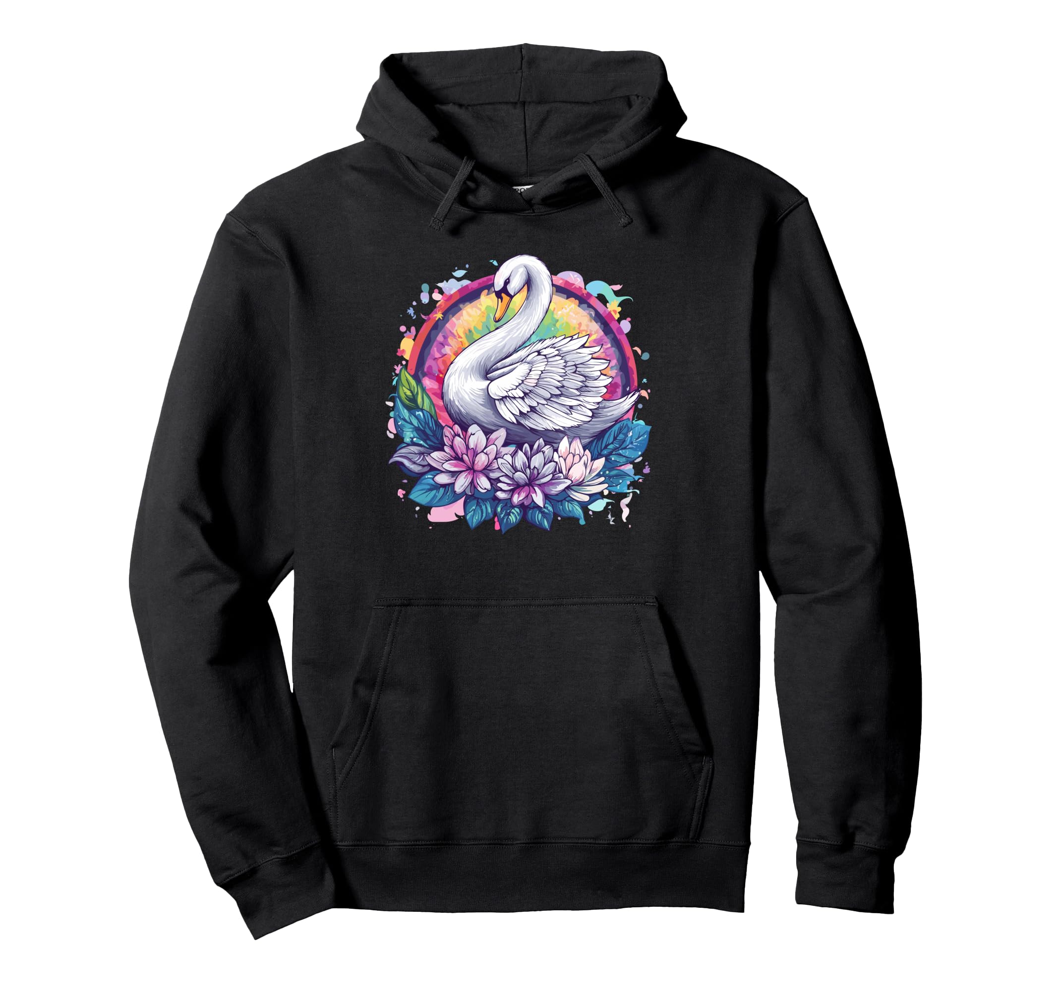 Swan With Floral Rainbow Elegance Pullover Hoodie