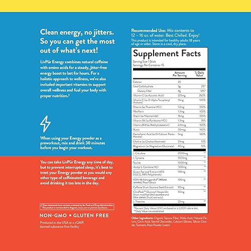 Miniatura 3 de LivPur Suplemento energético nutricional en polvo  Apoya la concentración y la claridad mental  Cafeína natural de absorción lenta para energía sin