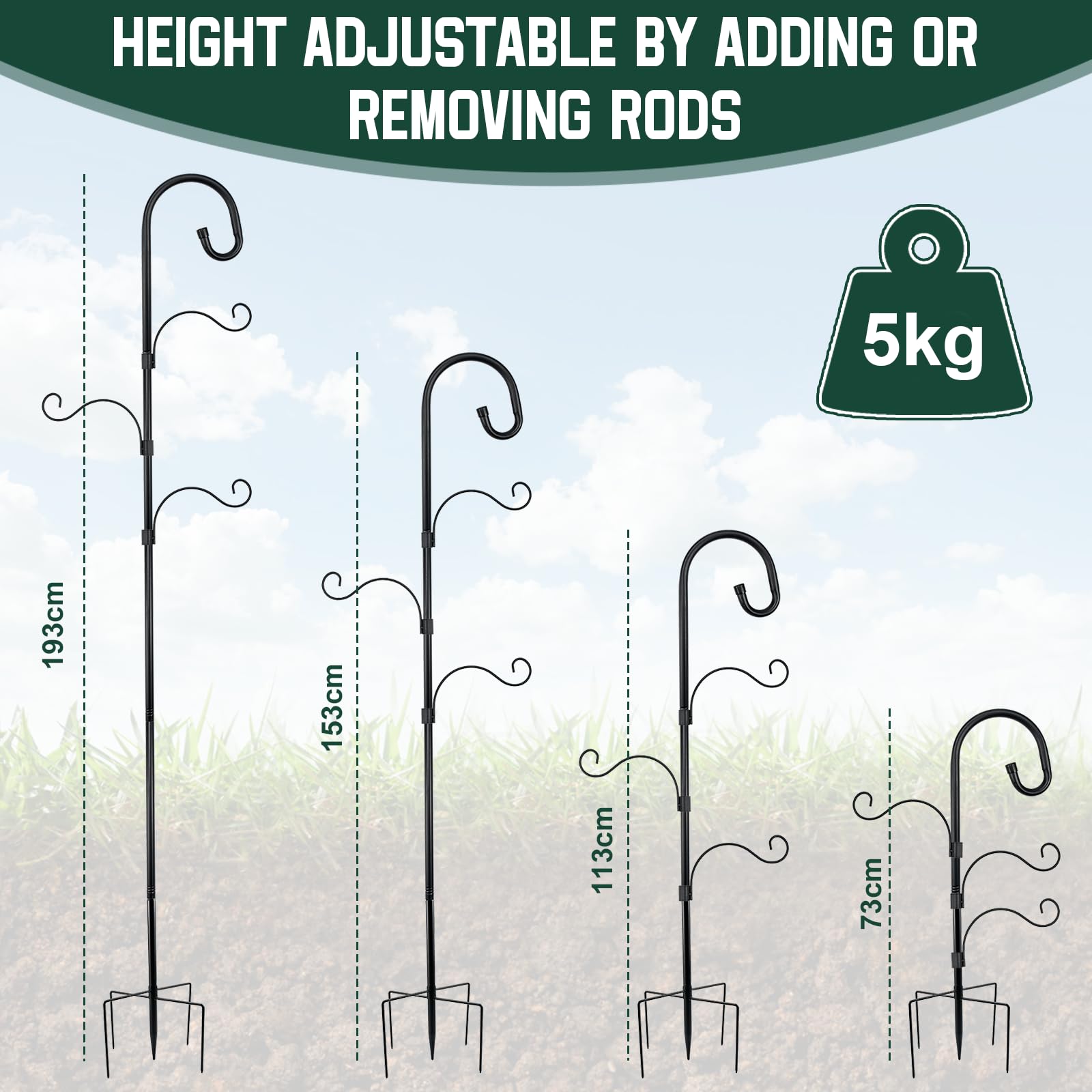 Asta Decorativa Giardino in Metallo, Gancio da Pastore per Esterno, Asta da Giardino Regolabile con 3 Ganci, Supporto Metallico per Piante Pendenti, Mangiatoie Uccelli e Lanterne - 193cm, Nero