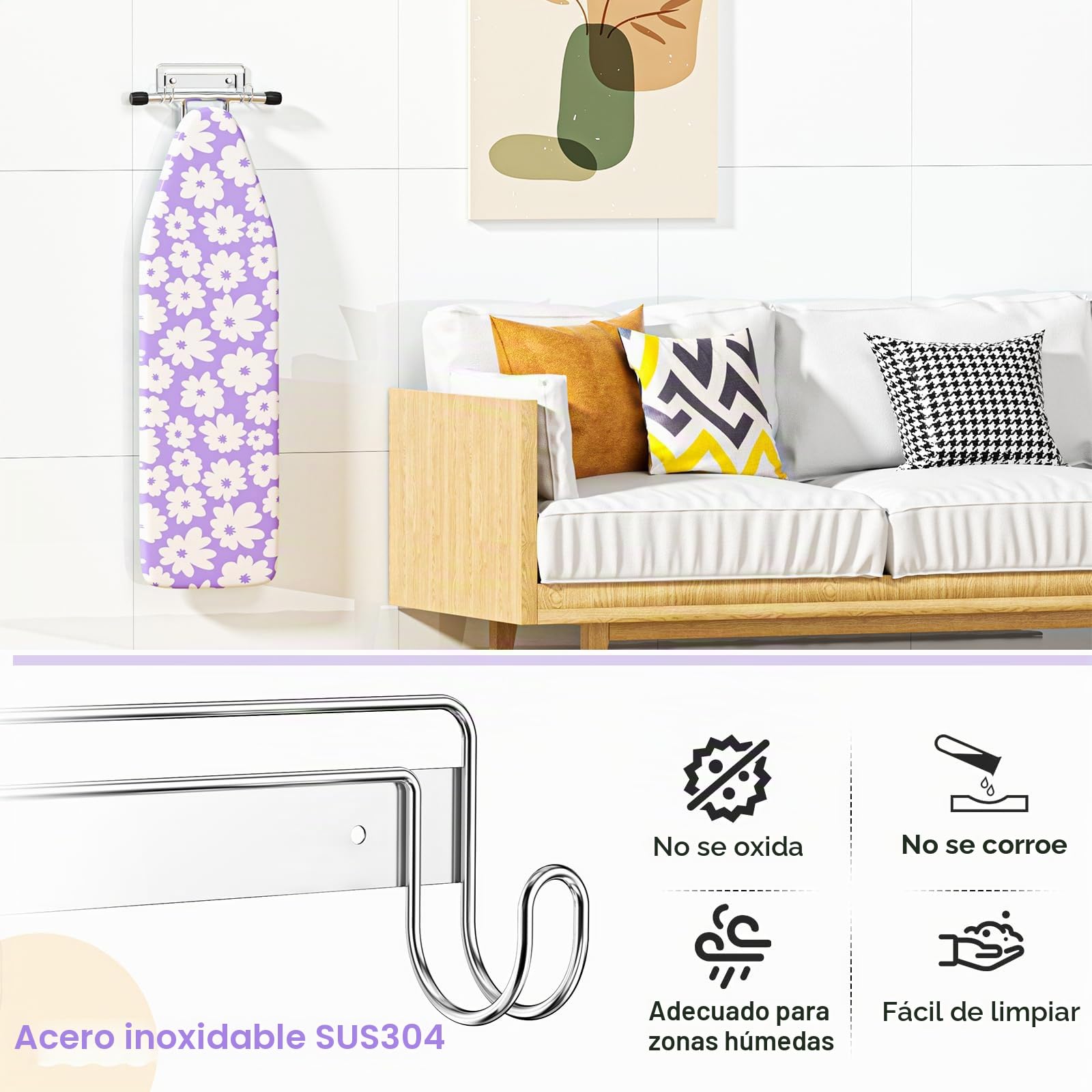 Soporte para Tabla de Planchar, Almacenamiento para Tabla de Planchar, Colgador de Pared para Tabla de Planchar, Percha de Acero Inoxidable, Gancho Ppra Tabla de Planchar para Pared o Puerta Plateado