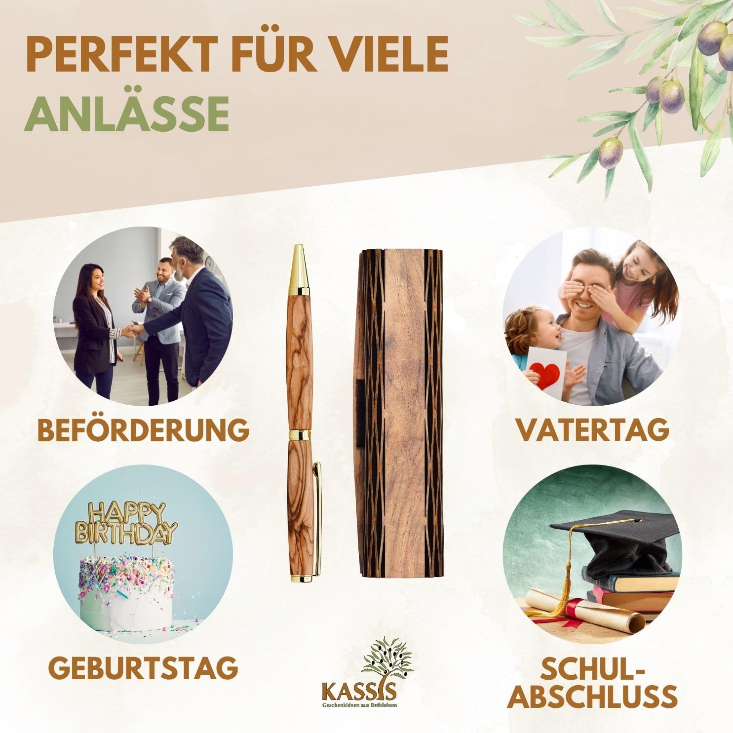 Kassis Geschenkartikel Personalisierbarer Kugelschreiber aus Olivenholz mit Holzschachtel – stilvolles handgefertigtes Schreibset für Büro, Schule, Firma und besondere Anlässe
