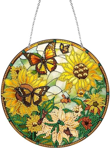 LUSandy DIY 5D Girasol Mariposa Diamante Kits de Pintura Colgante Letrero Arte de Pared Arte de Diamante Atrapasoles Ventana Colgantes Colgantes de