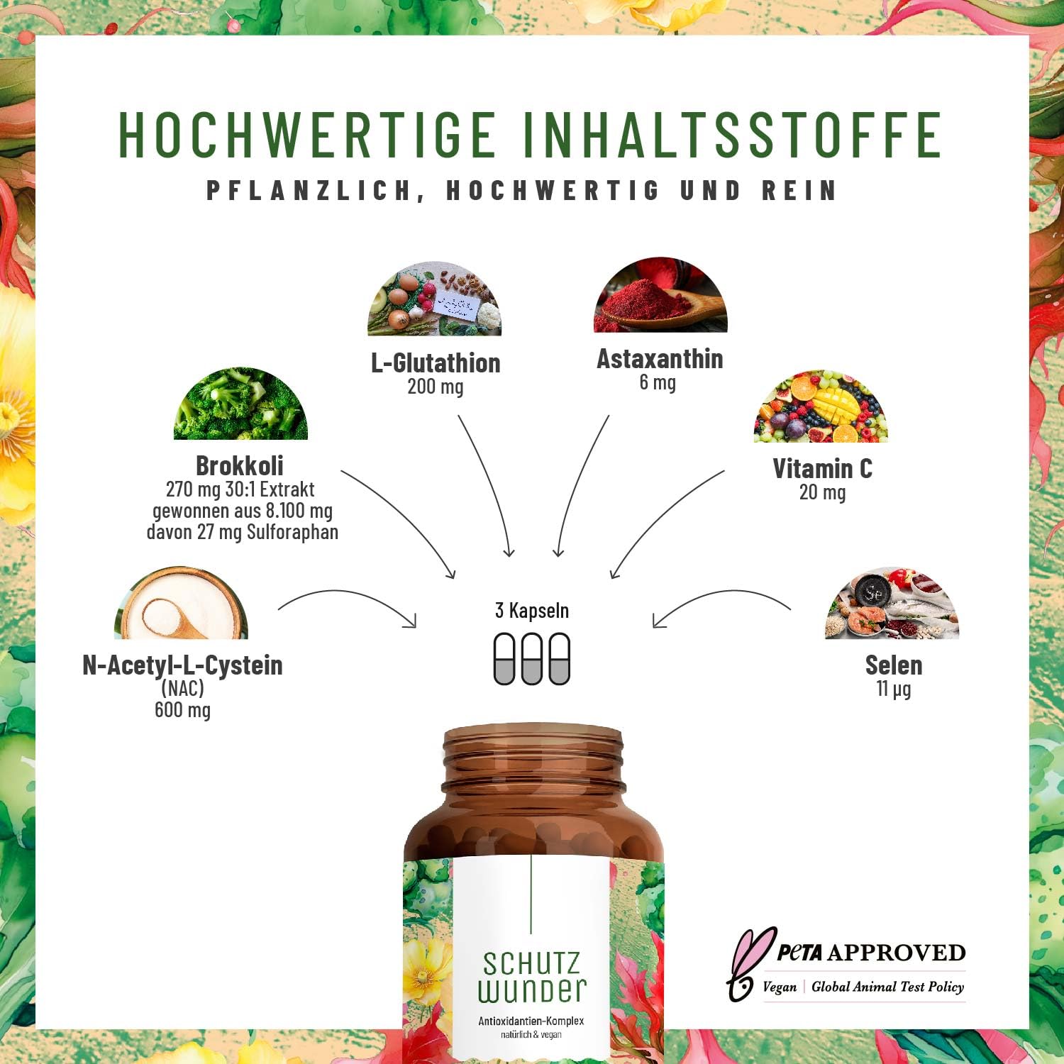 NATURTREU® NAC Antioxidantien-Komplex mit L-Glutathion, Brokkoli-Extrakt, Astaxanthin und Selen hochdosiert - Vorteilsbundle 2er Paket - Laborgeprüft & produziert in Deutschland - 180 vegane Kapseln