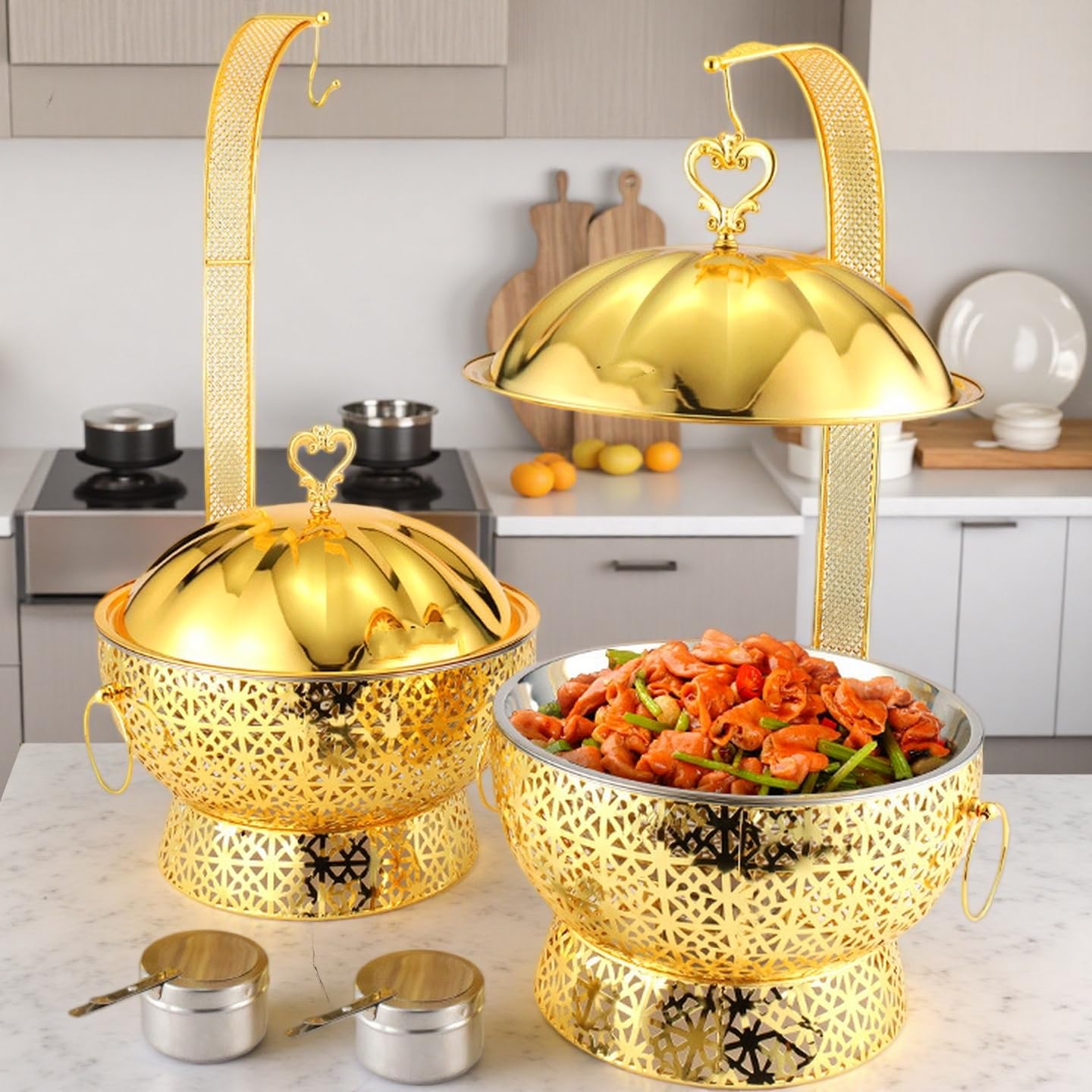 Gold Chafing Dish Buffet Set - 2 Pack, 8 Quart Stainless Steel Chafer Buffet Servers and Warmers Set, with Hanging Cover for Weddings, Parties, Banquets, and Catering Eventst