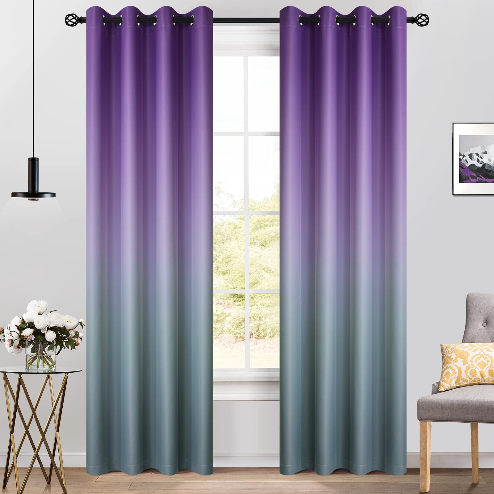Yakamok Blackout Ombre Purple and Grey Curtains for Living Room,Room Darkening Thermal Insulated Drapes, Grommet Light Blocking Window Curtains for Kids/Girls Bedroom,2 Panels, 52x84 inches — image 1