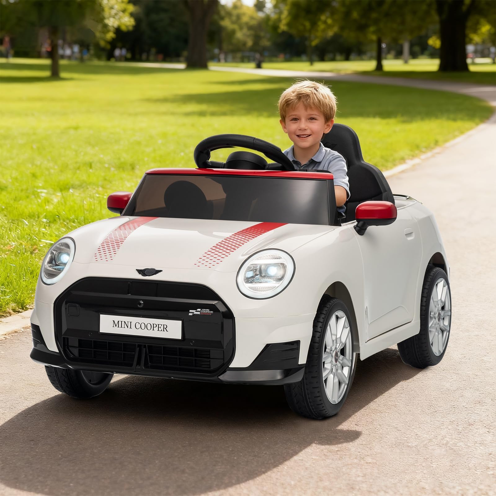 12V Ride on Car, Licensed MINI COOPER Electric Cars with 2 Driving Modes & Twin Motors, Powered Ride on Toy with Bluetooth Wireless Music & All-Terrain Rubber Wheels for for 3-6 Years Old