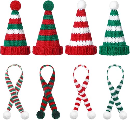 Miniatura 7 de Juego de 8 piezas de gorro y bufanda de punto de Navidad para decoración de muñecas y manualidades