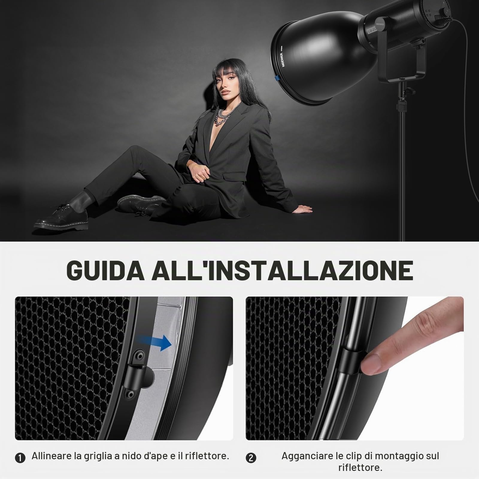 NEEWER 29,5cm Riflettore Profondità Campo, Griglie Nido d'Ape 15°/30° | Attacco Bowens, Paralume Diffusore a 45° con Tessuto Morbido, Compatibile con Stroboscopi da Studio NEEWER e Godox, FR30