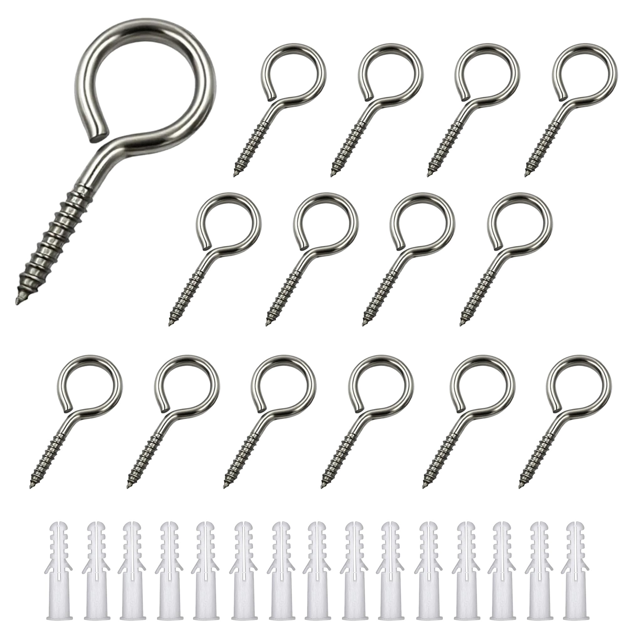 15 Pack 1-1/2 inch 304 Stainless Steel Screw Eye Hooks, Heavy Duty Self-Tapping Eyelet Screws for Hanging String Lights, Plants, Cables, Outdoor & Indoor, Rustproof Metal Eye Hooks Fixings