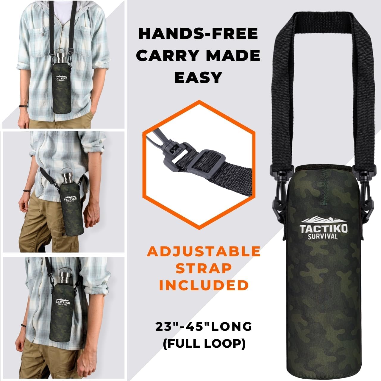 Tactiko Survival 51 oz/1500 ml Stainless Steel Wide Mouth Water Bottle, Single Wall Boil-Safe, Leakproof, BPA-Free with Carry Sleeve and Strap for Camping, Hiking, Outdoor Prep (Camo)