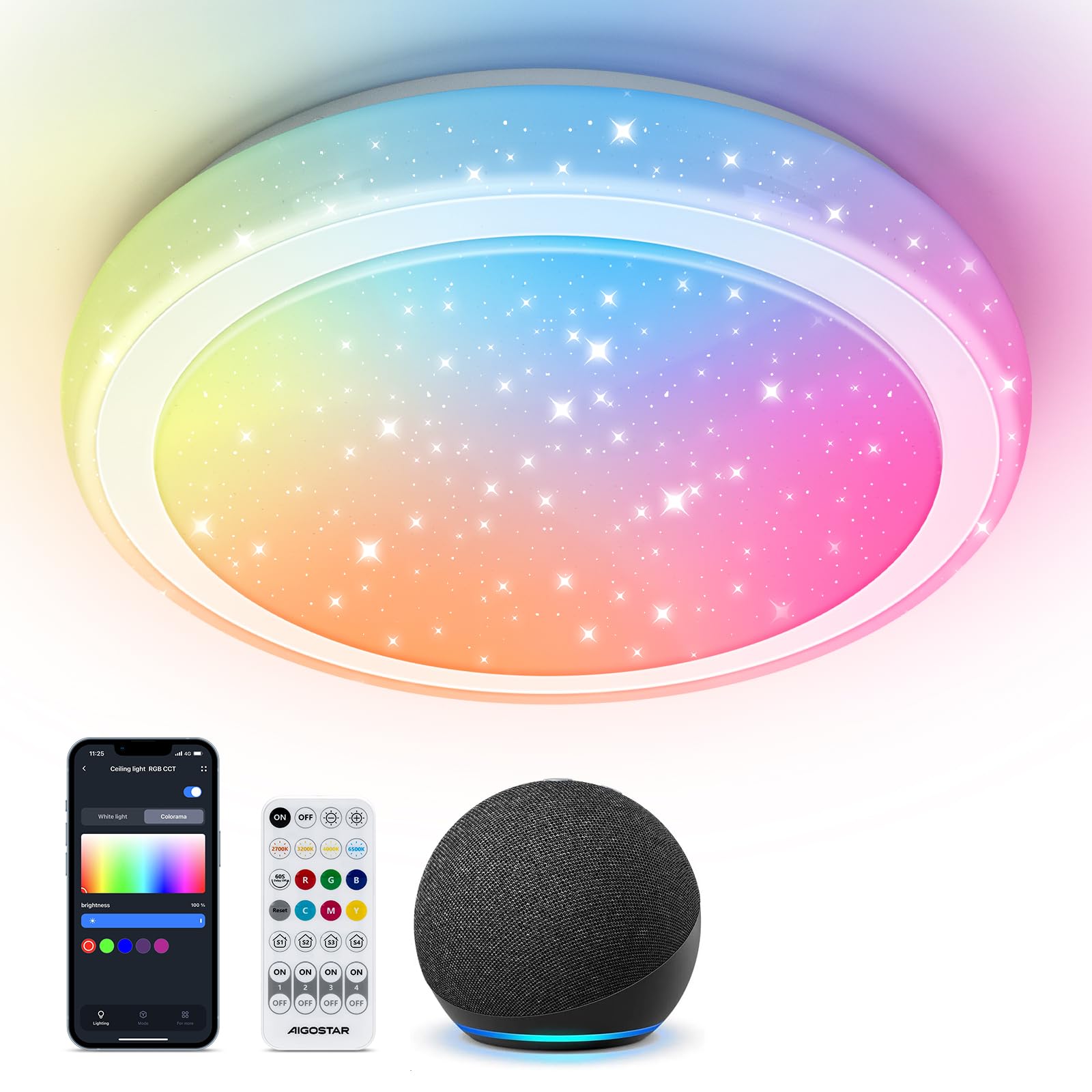 Aigostar Mesh- Plafon LED Techo Bluetooth Mesh, 24W, 2650LM, 3000K-6500K y RGB regulable, IP44, Plafón LED Inteligente Compatible con Alexa, Lampara Techo LED para Salón/Dormitorio/Cocina/Baño, Φ39CM