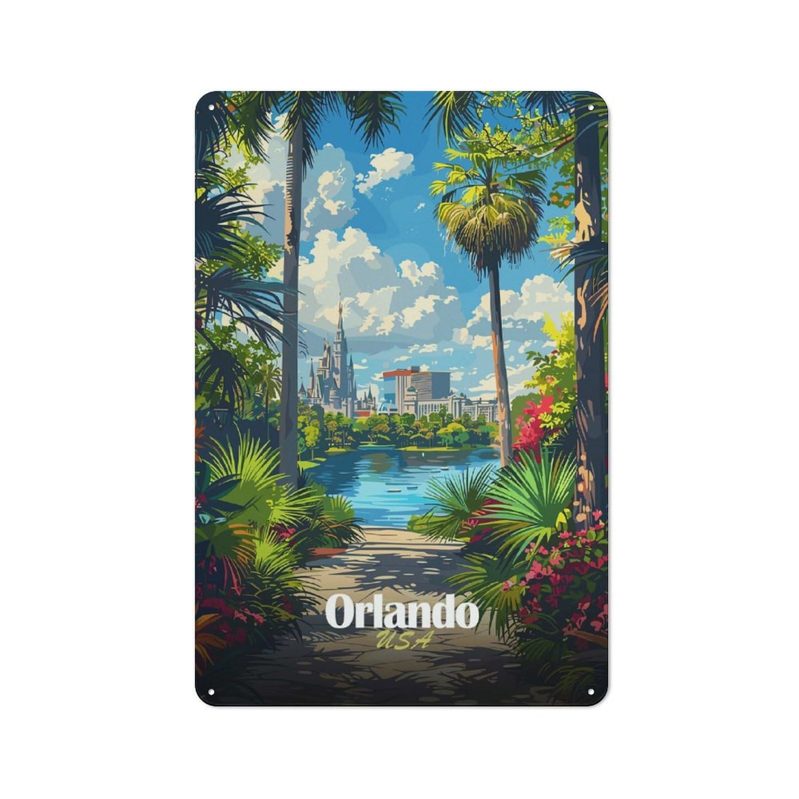 Junmoney Style-18 Workshop Style Orlando Cityscape Decorative Metal Plaque 30X20cm, Shed Wall Plaque For Tool Room, Garage, Studio Or Home Bar