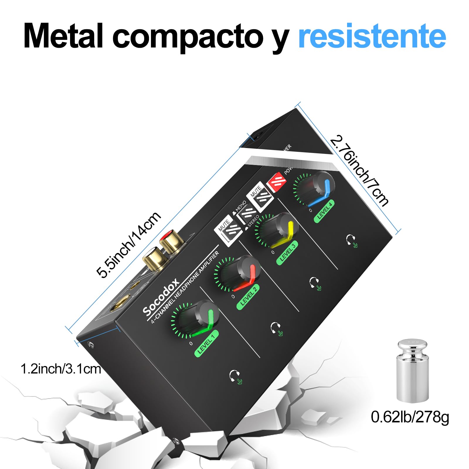 Amplificador de Auriculares de 4 Canales con Jacks de 3,5 mm/6,35 mm/RCA, Divisor de Auriculares de Metal con 8 Puertos de Salida para Auriculares, Compacto con Interruptor estéreo y luz RGB