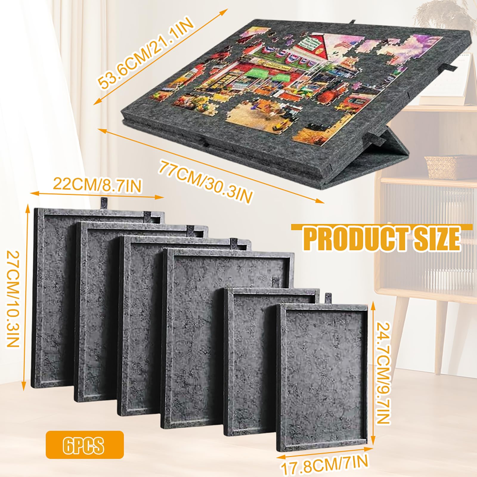 Tavolo per Puzzle 1000 Pezzi, Tavolo Puzzle Inclinabile Leggera in Feltro con 6 Cassetti, Tavola Puzzles Portatile con Supporto 2 in 1, 52 x 77 cm, Nero