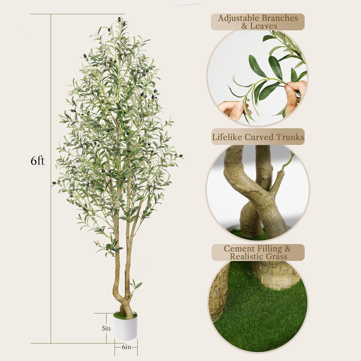Alupssuc 6FT Artificial Olive Tree Big tall Fake Plants, 6 Feet Artificial Olive Silk Plants Indoors with Curved Trunk in Pots, Fake Tree for Home Office Living Room Indoor Outdoor Decor, 180cm
