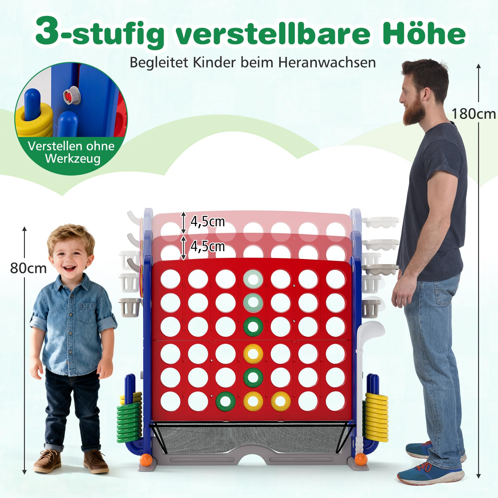 COSTWAY 4 in 1 Vier Gewinnt groß, Jumbo 4 Gewinnt mit Ringwurf, Basketballkorb & Golfspiel, Vier in Einer Reihe Spiel XXL inkl. Getränkehalter, Netzfach & Tragetasche, für Kinder & Erwachsene (Rot)