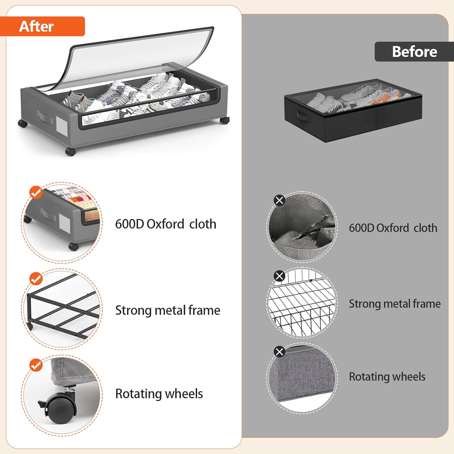 Under Bed Storage Containers with Wheels - Foldable Organizer Bins for Blankets, Clothes, Shoes, Toys, and Comforters.Capacity, Space Saving, Easy Pull Out, Clear PVC (Gray-2)