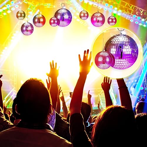 Miniatura 7 de WILLBOND Paquete de 12 bolas de espejo de bola de discoteca con anillo para colgar divertidas decoraciones de fiesta de discoteca retro, efectos de