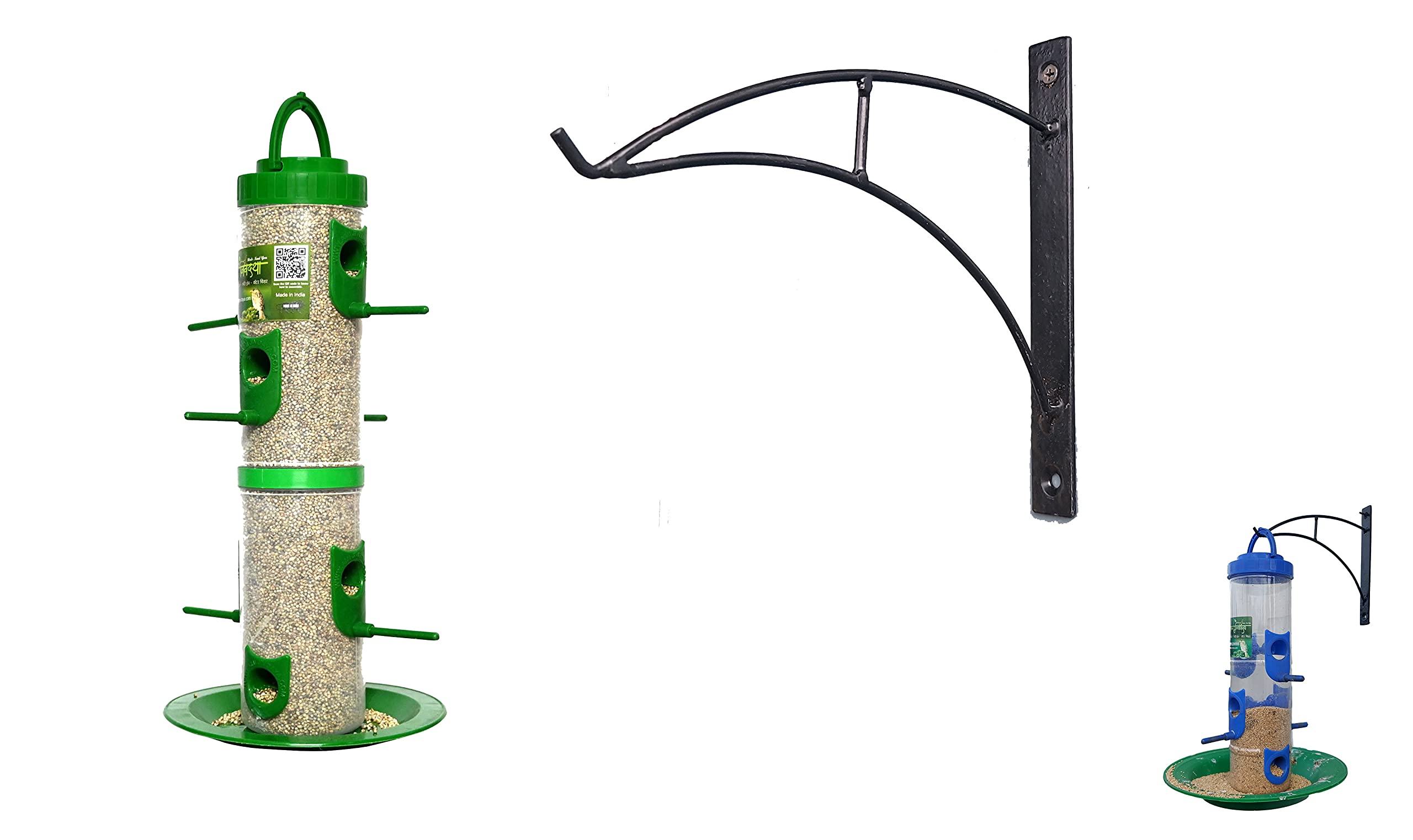 Skybeings Hanging Jumbo Bird Feeder | Bird Cage | Bird Food | Bird Feeding Cage with Wall Mount Black Metal Stand 1 Piece_Green