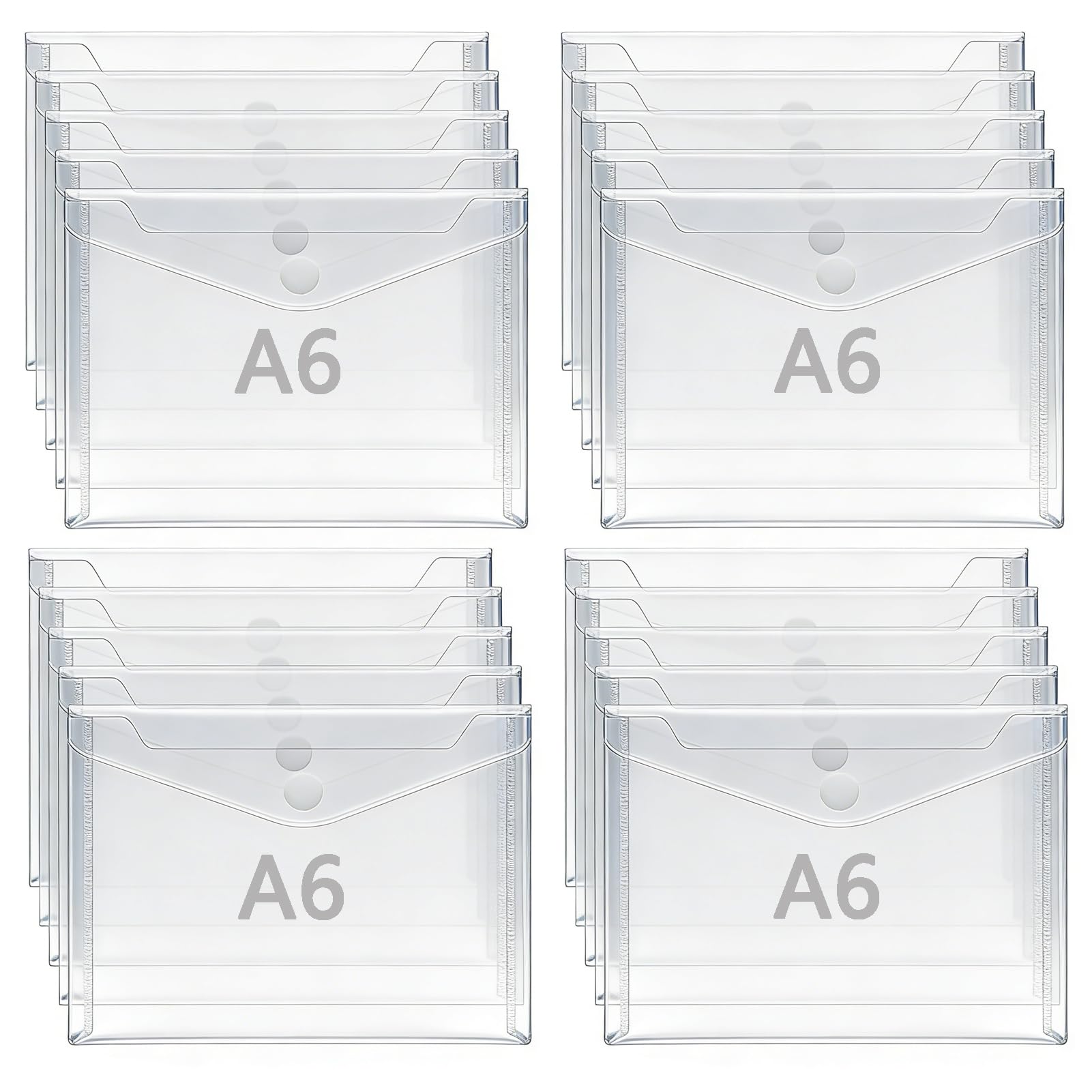 20Pcs A6 Plastic Wallet Small Clear Envelope Document Folders with Popper Waterproof Transparent Plastic Envelope Files with Snap Button for School Home Office Travel Paperwork Organization, 16x11.5cm
