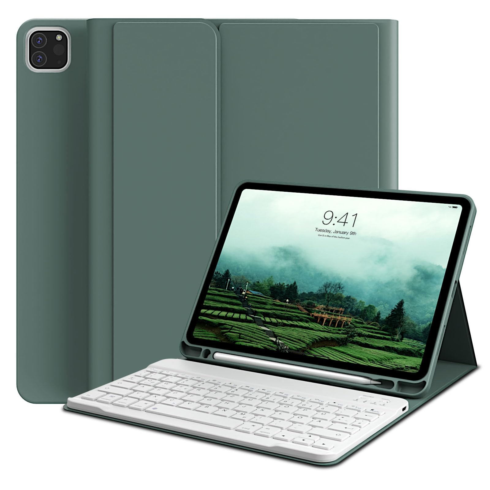 Funda de teclado para iPad Pro 11 4ª / 3ª / 2ª generación 2022/2021/2020 con portalápices, teclado Bluetooth desmontable magnético, chip QWERTZ, para iPad Pro de 11 pulgadas, verde nocturno