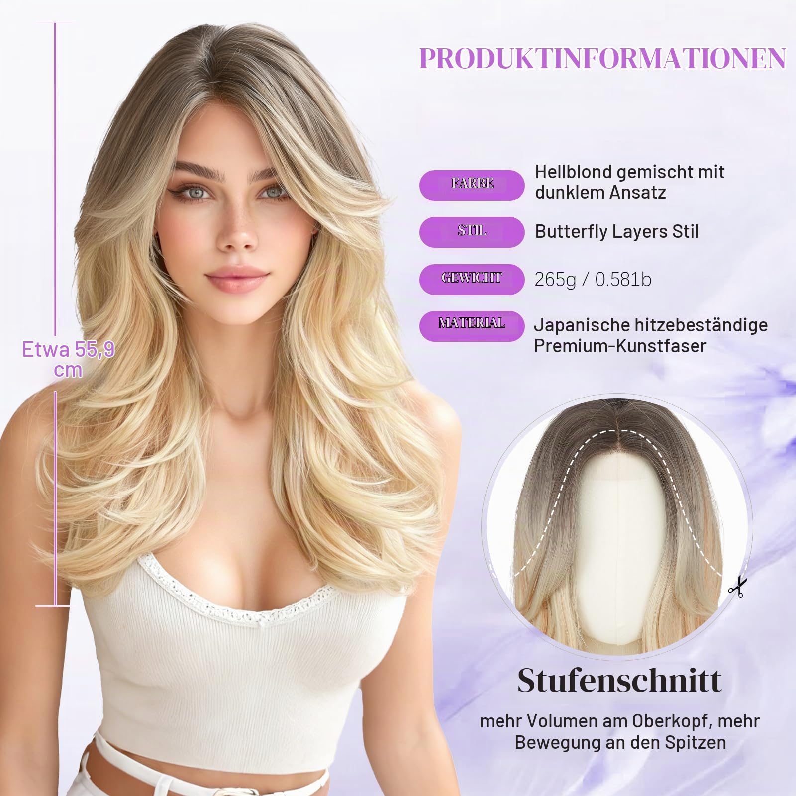Sofeiyan Perücke Damen,55 cm Layered Perücke mit Vorhang Pony