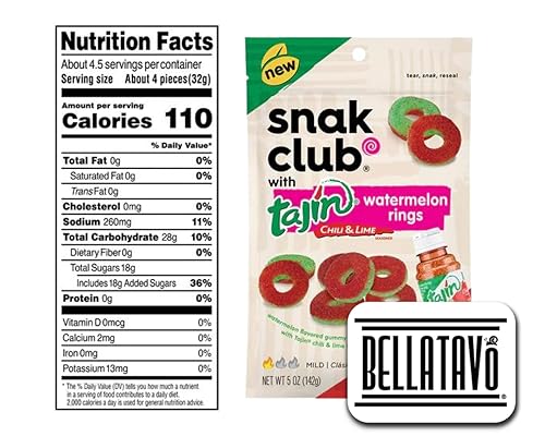 Miniatura 8 de Paquete de dulces de anillos de frutas Incluye tres bolsas de 5 onzas de anillos de goma Snak Club Tajin y un imán de nevera BELLATAVO Uno de cada