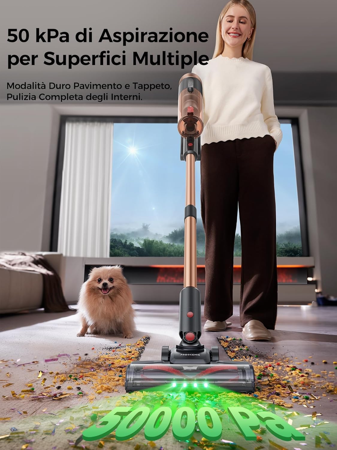 Proscenic P11 Ultra+ Aspirapolvere senza Fili Potente 500W/50Min/50KPA, Scopa Elettrica senza Fili con Spazzola Anti-Groviglio, Display LED, Batteria Rimovibile, per Pavimenti/Tappeti/Peli