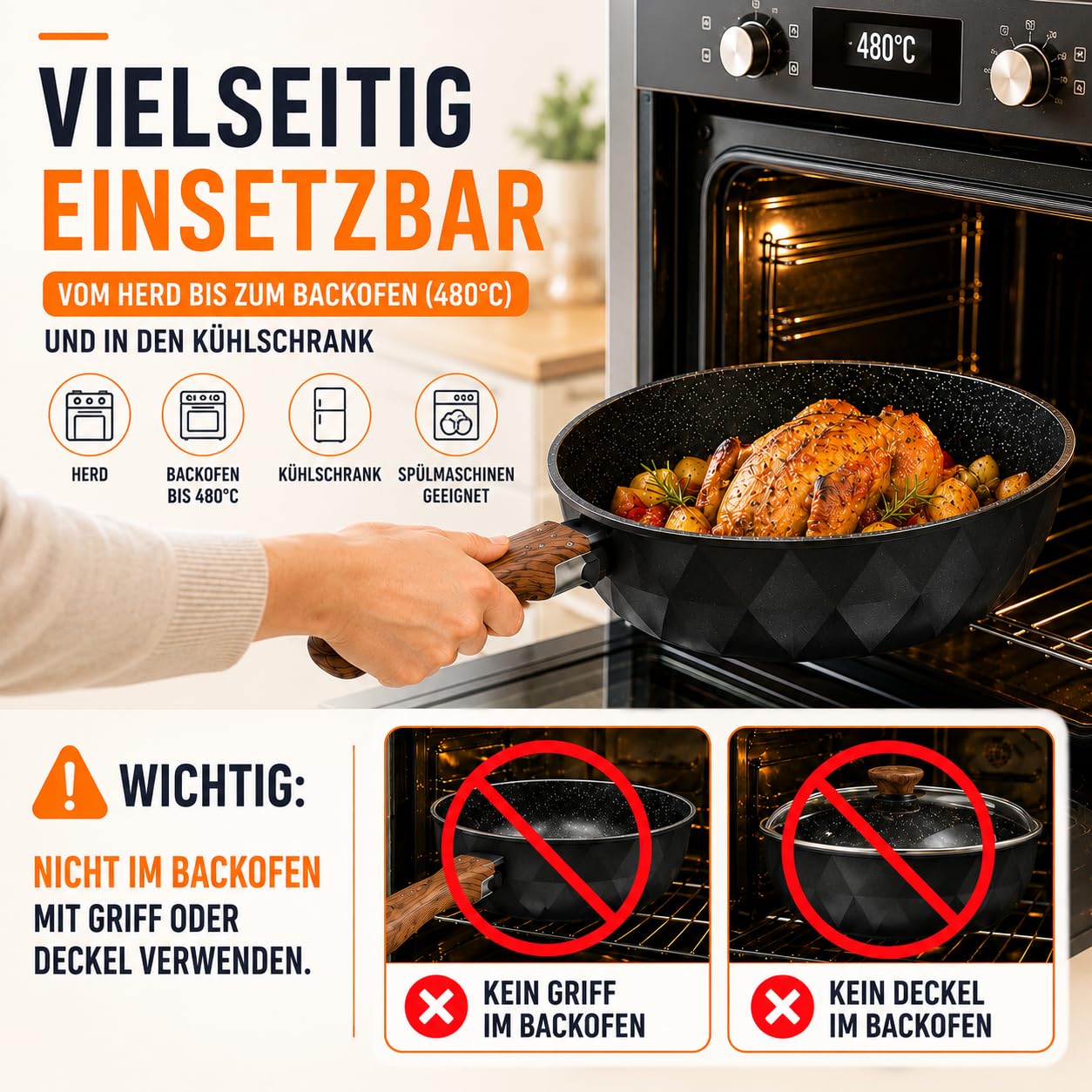 Royal Swiss 9-teiliges Topf- & Pfannenset für Induktion - Abnehmbare Griffe, Antihaft, PFAS-frei, Platzsparend, Backofenfest, Antihaft Kochgeschirr, Kochgeschirr, Schwarz