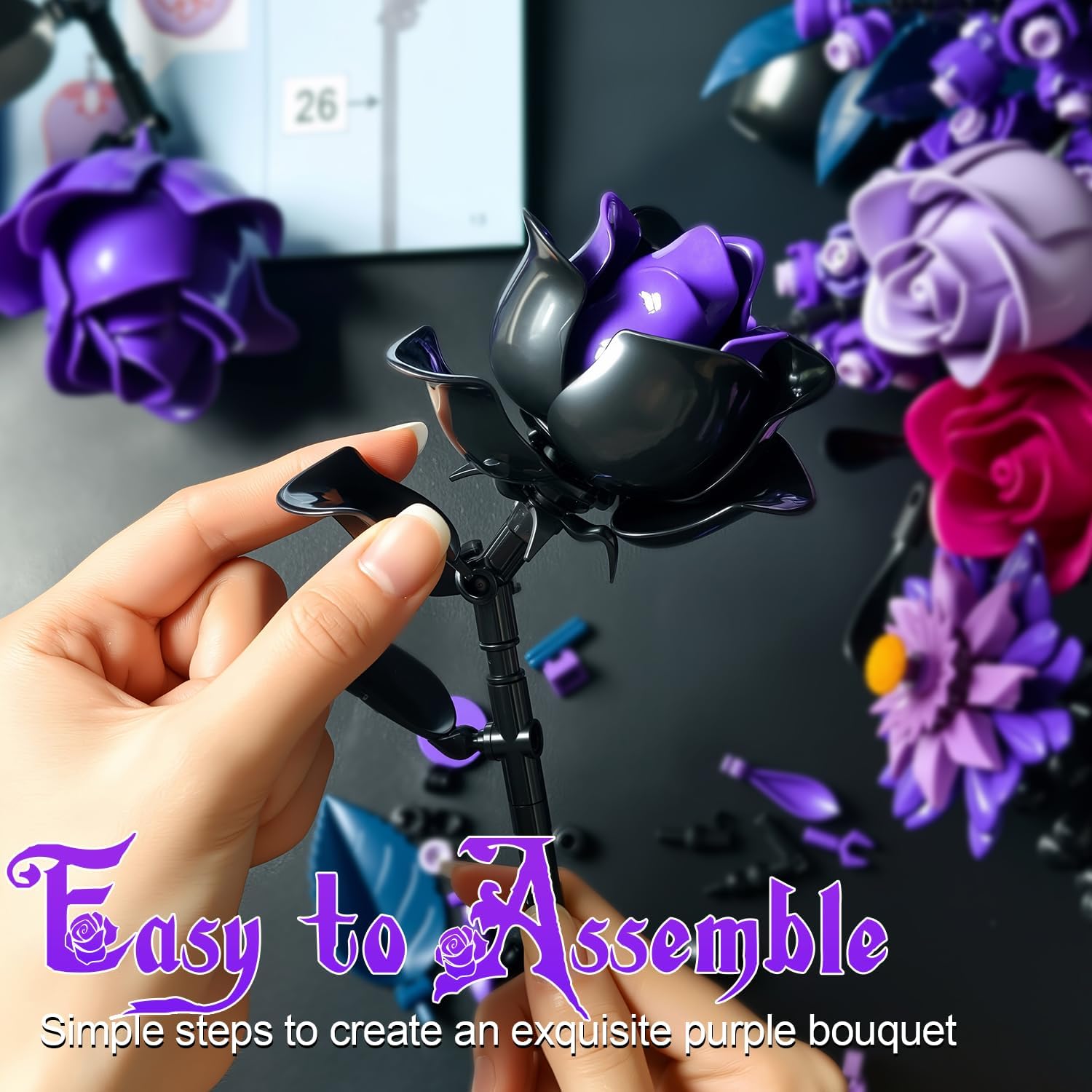 Gohero Purple Roses Building Blocks Set (822PCS) - Lego Compatible Flowers for Adults, Gothic Home Decor, for Women & Teen Girls, Making It an Ideal Gift for Halloween, Valentine's Day.