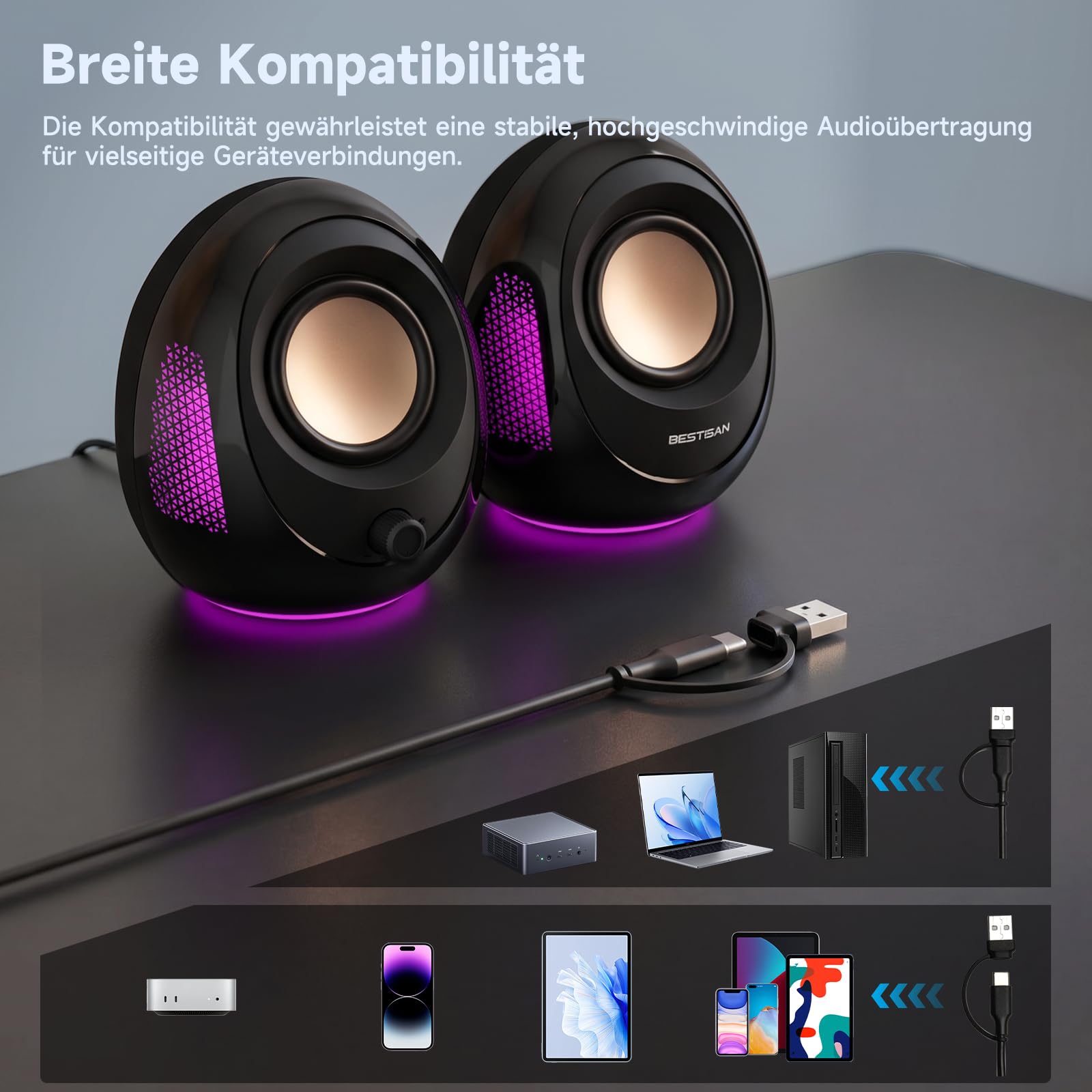 BESTISAN PC-Lautsprecher für Desktop-PC, USB-C/USB-betrieben, Bluetooth-Computerlautsprecher, farbenfrohe LED-Beleuchtung, 20 W
