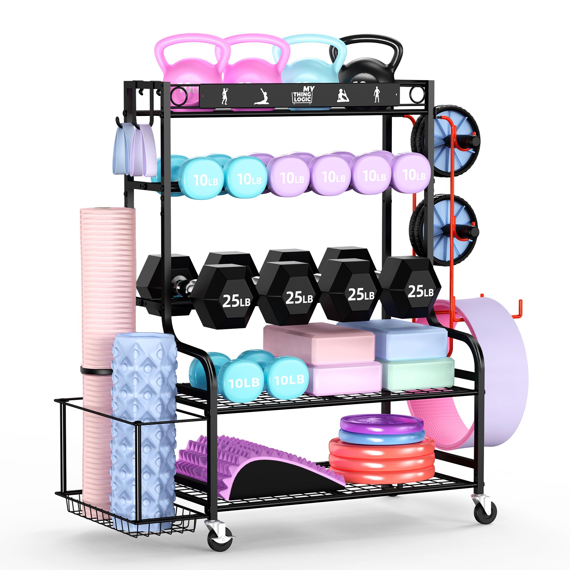 Mythinglogic Dumbbell Rack Storage for Home Gym Equipment, Weight Stand for Dumbbells, Yoga Stands, Kettlebells and Yoga Mats, Storage for Exercise Equipment with Wheels