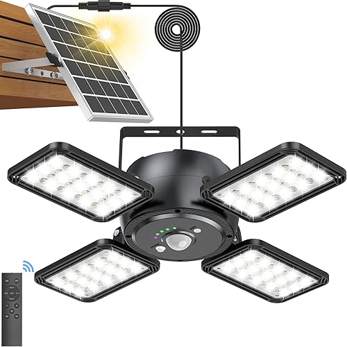 Miniatura 1 de Luz solar para cobertizo con sensor de movimiento solar para interiores y exteriores, 144 LED, 1200 lúmenes, luz de trabajo diurna con 5 modos de