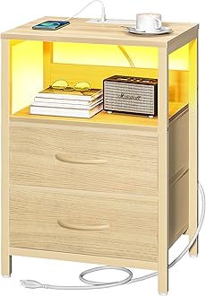 Yoobure Nightstand with Charging Station, LED Night Stand with Fabric Drawers and Storage Shelf for Bedroom, Nightstands Bedside Tables with USB Ports & Outlets, Small Night Stands, Bed Side Table