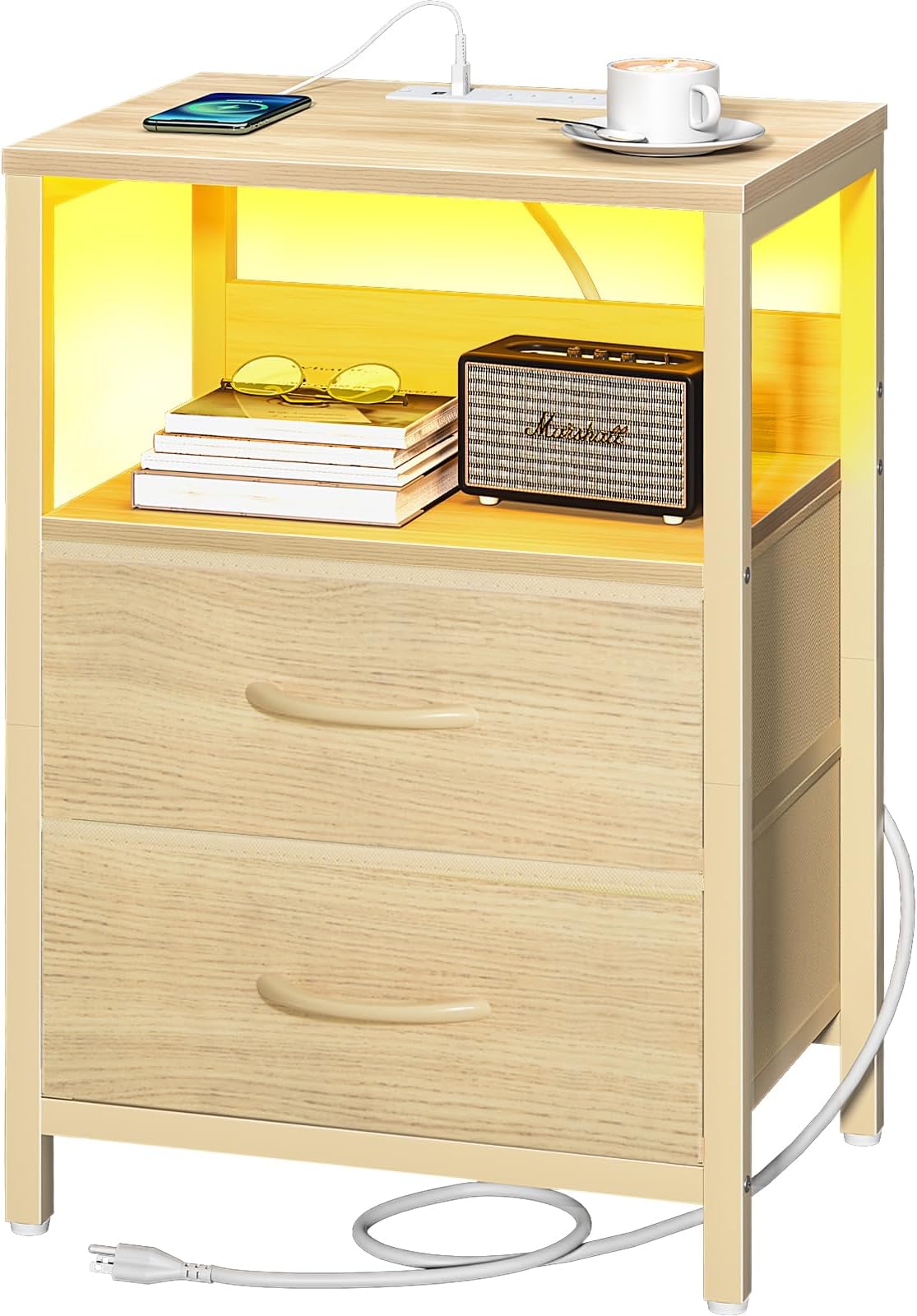 Yoobure Bedside table with charging station, LED bedside table with fabric drawers and storage rack for bedroom, bedside tables with USB ports and sockets, small holders