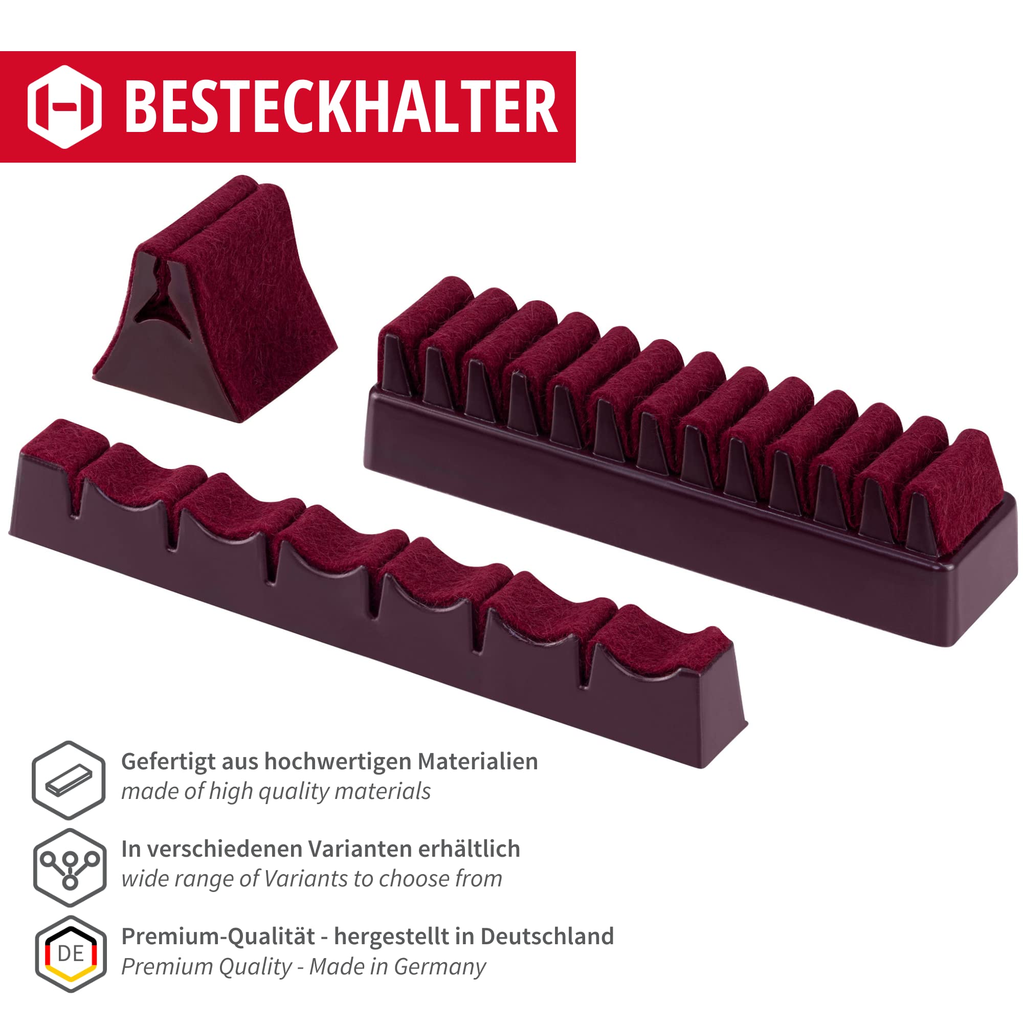 Gedotec Besteckhalter-Sortiment Besteckeinsatz selbstklebend mit Filzauflage | für 90-teiliges Besteck | Filz ist WEINROT | Besteckeinlage für Schubladen & Schubkasten | 1 Stück - Besteck-Halter