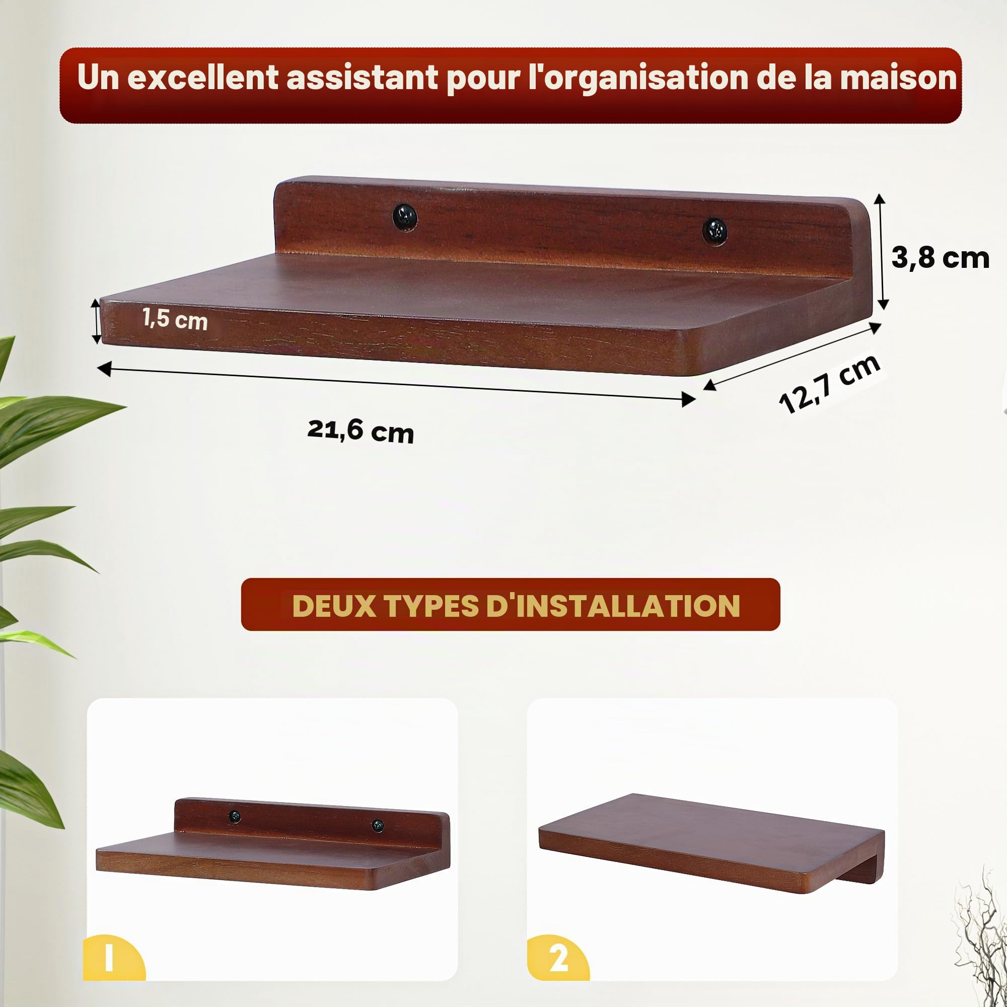 Petite étagère flottante, 12,7 x 21,6 cm, lot de 3 petites étagères murales pour chambre à coucher, salon, salle de bain, cuisine, bureau (noyer)
