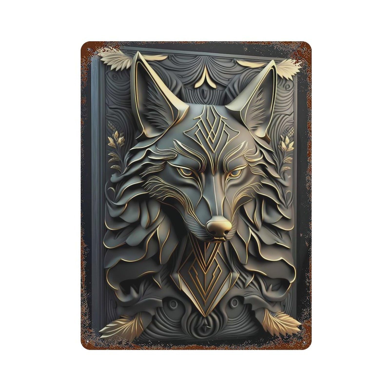 Golden Lord Wolf Art Deco Rust Effect Tin Sign 15.7"x11.8", Vintage Wall Decor for Bistro, Counter And Cafe Decor