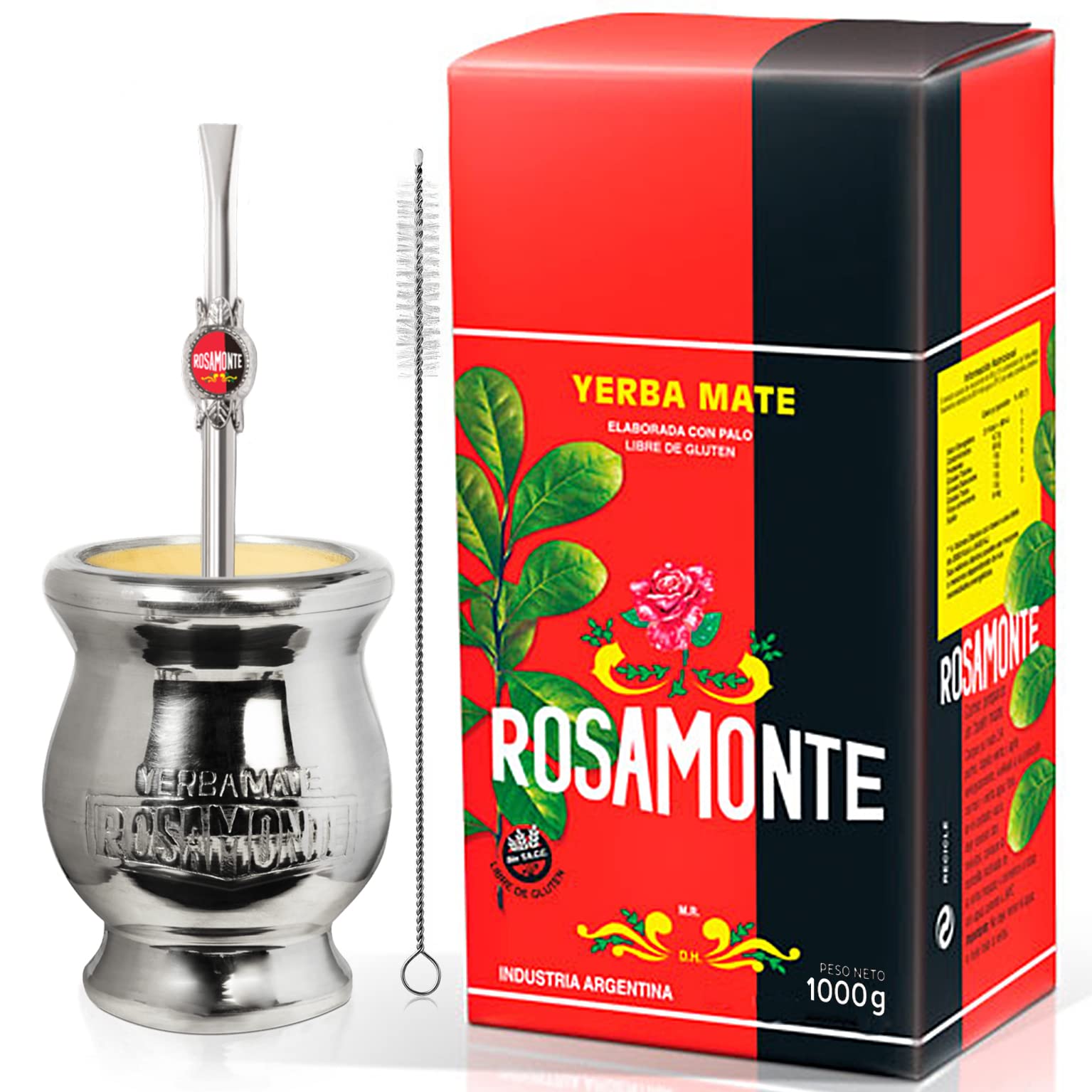 Yerba Mate Herbata Set: Rosamonte Tradycyjny 1kg + Próbka (40g) | Drewniany Kubek do Mate pokryty Aluminium (Tykwa) i Słomką (Bombilla) |Bogaty w Antyoksydanty |