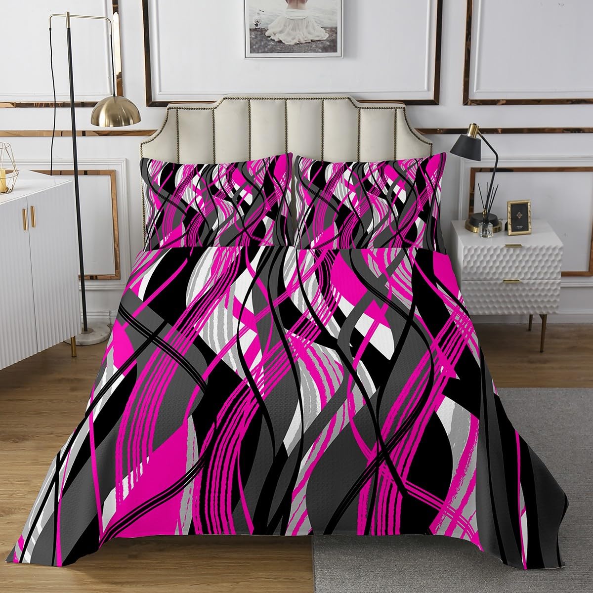 jejeloiu Twin Size Rose Pink Striped Bedspread for Kids Boys Girls Modern Abstract Coverlet Set Minimalist Quilted Coverlet Bedroom Decor Soft Microfiber 2Pcs