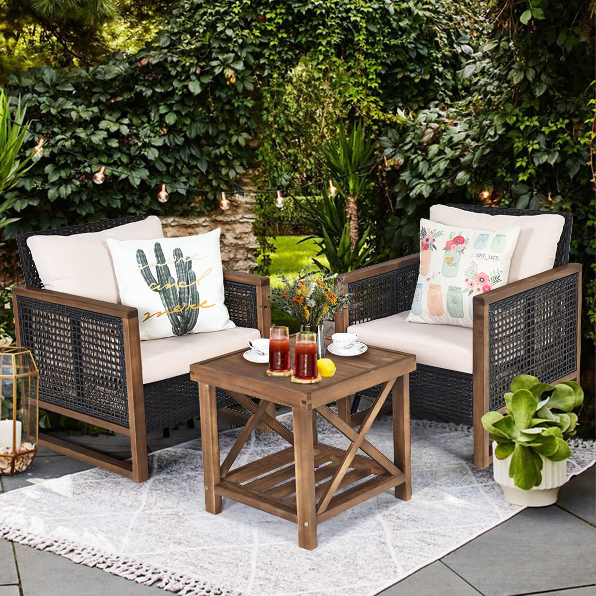 GIANTEX Juego de Muebles de Jardín 3 Piezas, 2 Sillones de Ratán con Marco de Madera de Acacia, con Mesita de Café, Asiento con Cojines, 115 x 64 x 80 cm, para Jardín, Terraza, Patio