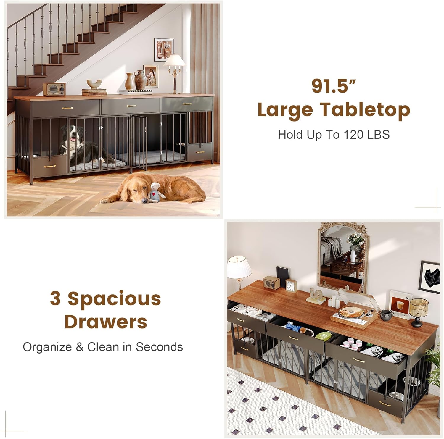Extra Large 91.5" L Dog Crate Furniture with Feeder & 3 Drawers – Heavy Duty Double Dog Kennel Furniture for Small, Medium, Large Dogs – Sturdy Black Pet Crate Table with Storage