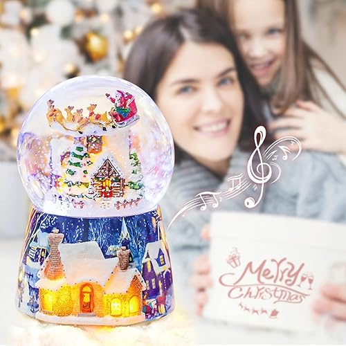 Miniatura 2 de Caja de música de Navidad, regalo de globo de nieve, Papá Noel giratorio musical volando sobre la aldea con purpurina, regalo para niñas, esposa,