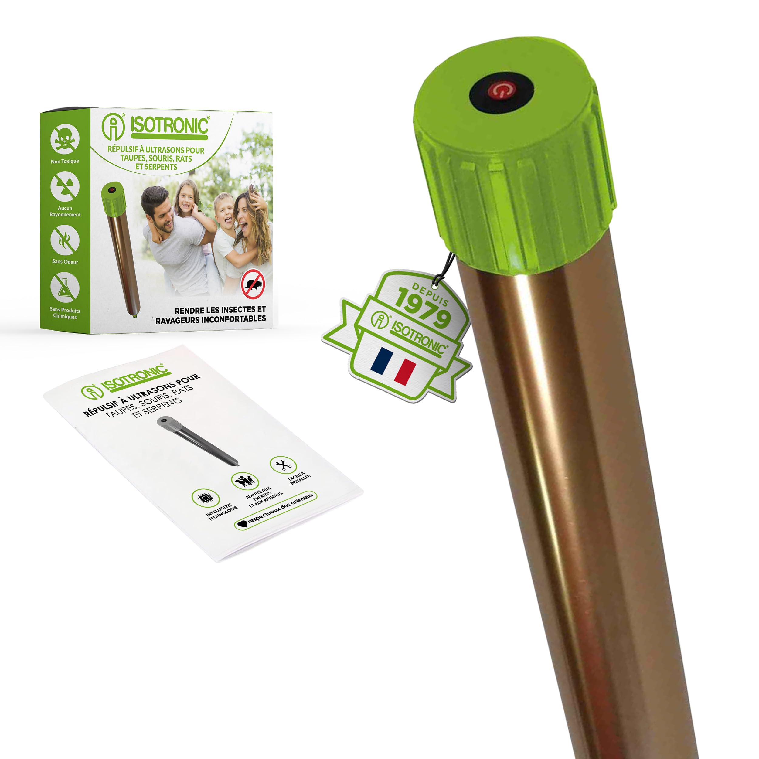 ISOTRONIC Répulsif Anti-Taupes pour repousser Les Taupes, Les campagnols et Les Serpents – Répulsif Anti-Taupes à Piles avec Piquet de Sol pour Le Jardin – Zone d'efficacité de 1 250 m² (1 unité)