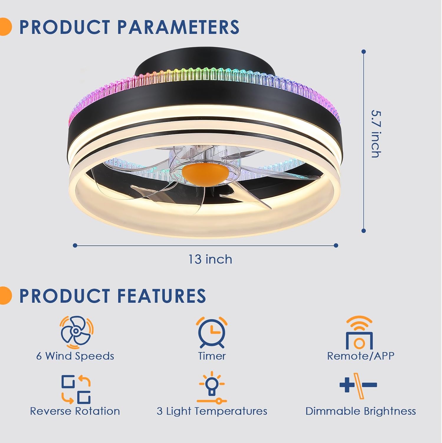 Mpayel RGB Ceiling Fans with Lights, 13" Low Profile Ceiling Fan with Light and Remote, 3000-6000K Dimmable Modern Black Flush Mount LED Fan Light for Bedroom, Living Room, Kitchen