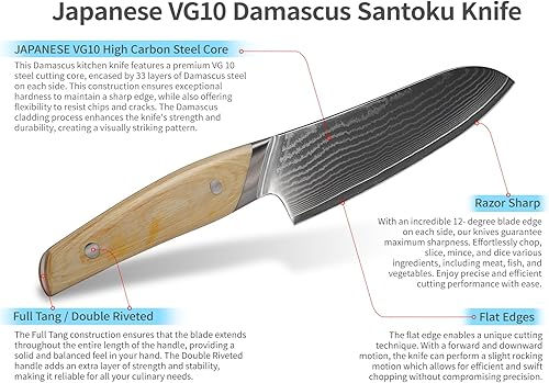 Miniatura 4 de Cuchillo Santoku de Damasco  Cuchillo japonés Santoku de 7 pulgadas  Super afilado de 67 capas Japón VG10 Hoja de Damasco Cuchillo de chef asiático