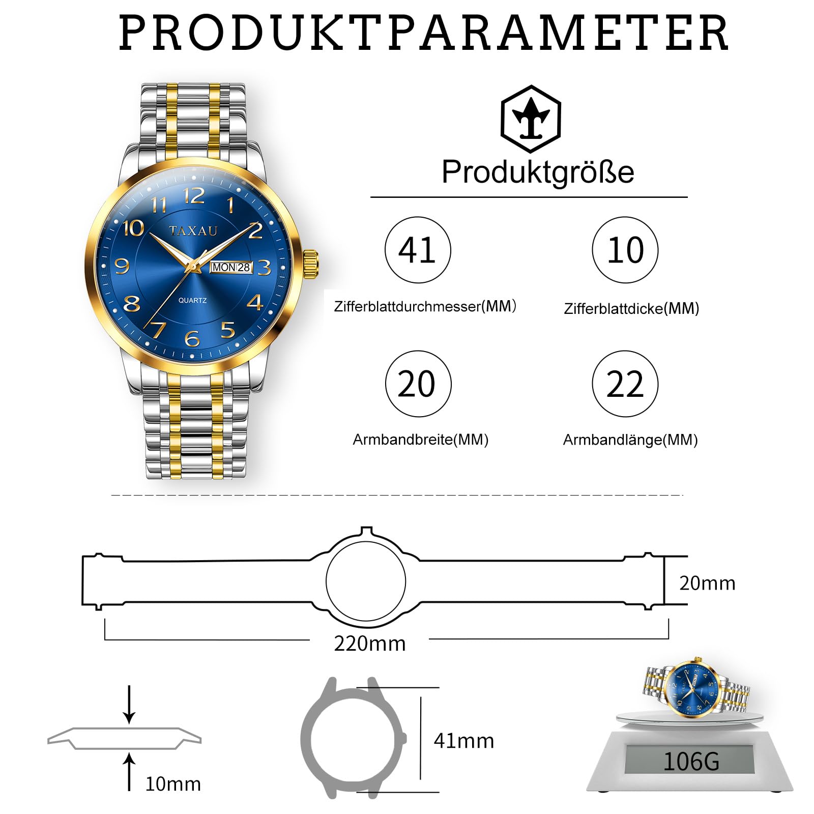 Taxau Klassische Herren Armbanduhr mit Edelstahlarmband, Analoge Quarz Uhr für Herren, 30M Wasserdicht mit Kalender, Elegante Business Uhr für Freizeit und Beruf