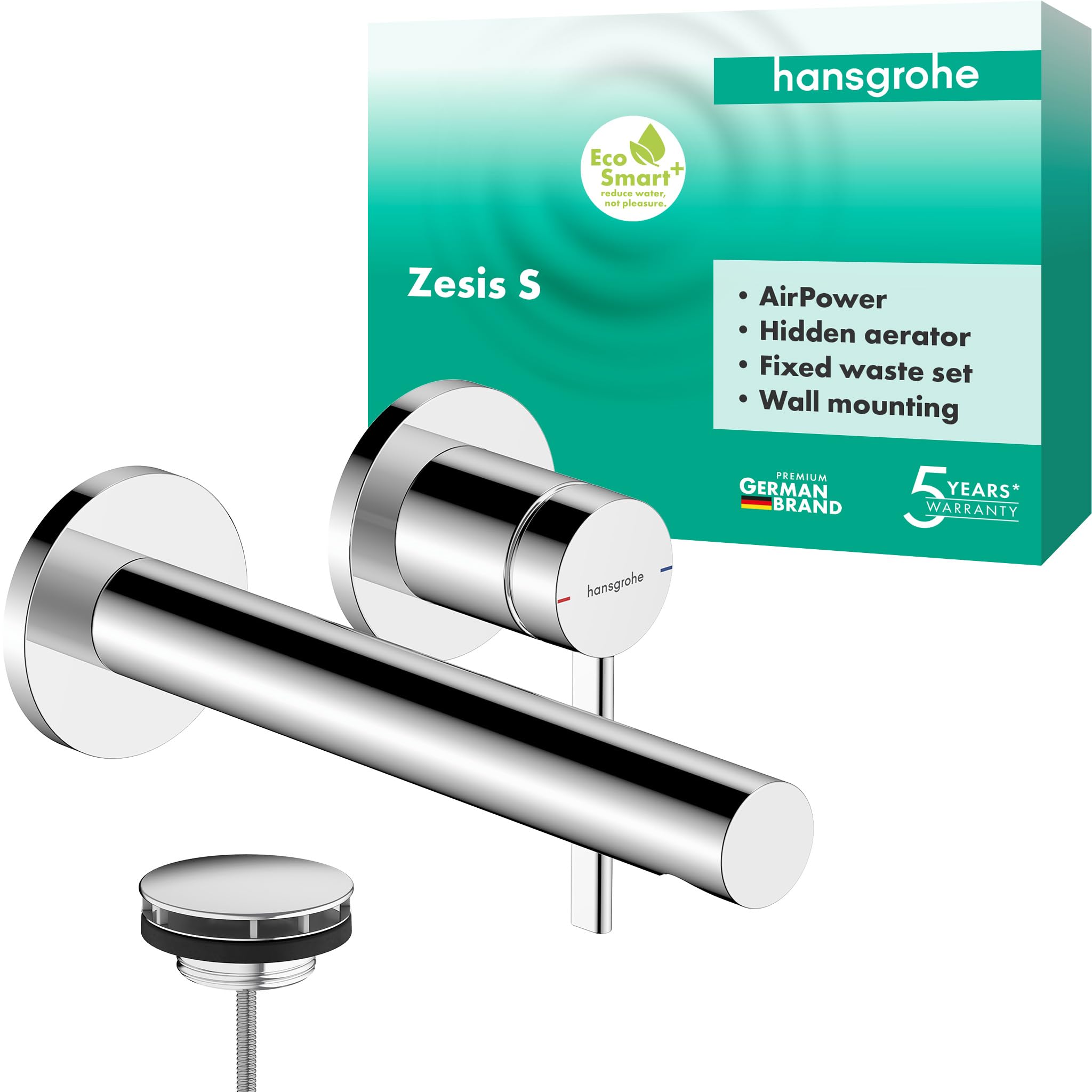 hansgrohe Zesis S - bateria umywalkowa podtynkowa do montażu na ścianie z zestawem odpływowym, kran łazienkowy z długością wylewki 19,4 cm, oszczędność wody (EcoSmart+), chrom, 74750000
