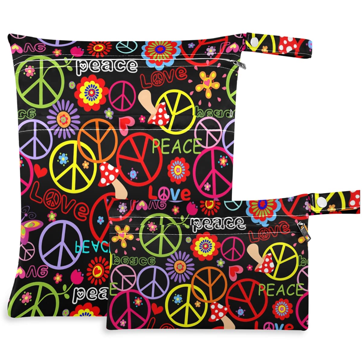 Hippie Peace Symbol Mushroom And Abstract Flower 2Pcs Wet Bag with Zippered Pockets Washable Reusable Roomy for Travel,Beach,Pool,Daycare,Stroller,Diapers,Dirty Gym Clothes, Wet Swimsuits, T-image-47